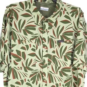 Columbia Mens Vented Fishing Shirt Green XL Short Sleeve Tropical Leaf Omni-Wick